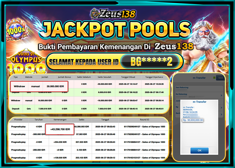 ZEUS138 GATES OF OLYMPUS1000 Rp.30.000.000, -LUNAS