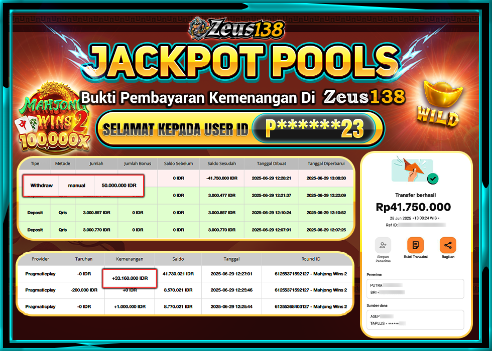 ZEUS138 MAHJONG WINS 2  Rp.41.750.000, -LUNAS