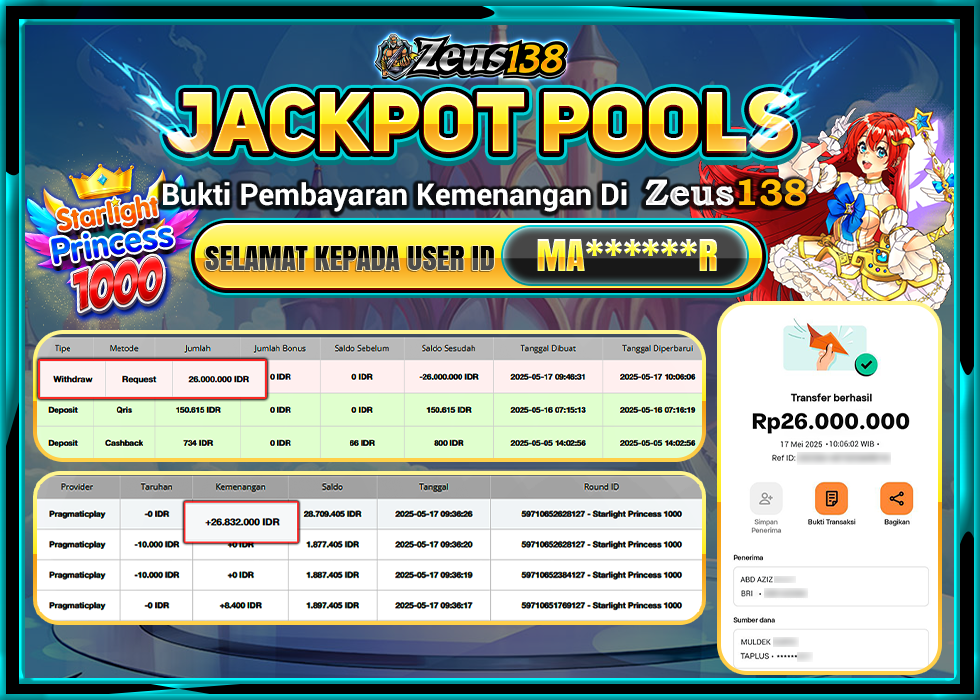 ZEUS138 STARLIGHT PRINCES 1000 Rp.26.000.000,- LUNAS