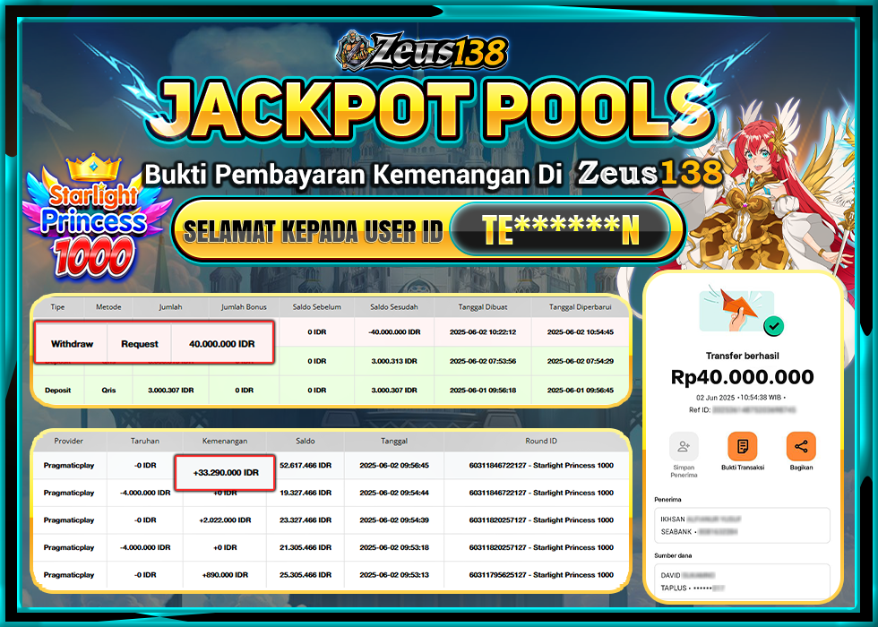 ZEUS138 STARLIGHT PRINCES 1000  Rp.40.000.000,- LUNAS