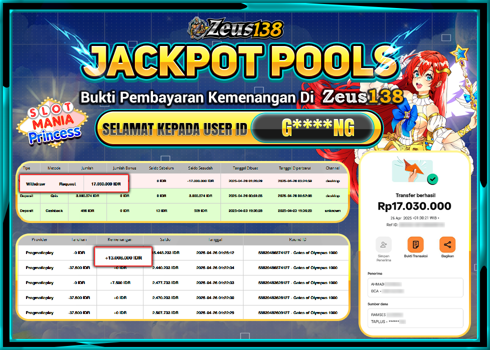 ZEUS138 SLOT MANIA PRINCES Rp.17.030.000,- LUNAS